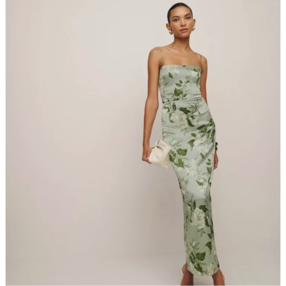 Reformation Frankie Silk Green Maxi Long Floral Dress in Tea Garden 4